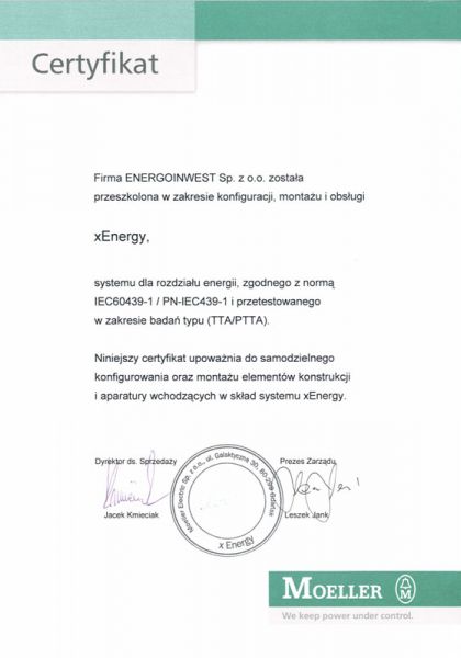 Certyfikat autoryzowanego partnera firmy Eaton Electric w zakresie produkcji rozdzielnic typu XEnergy (4000A)